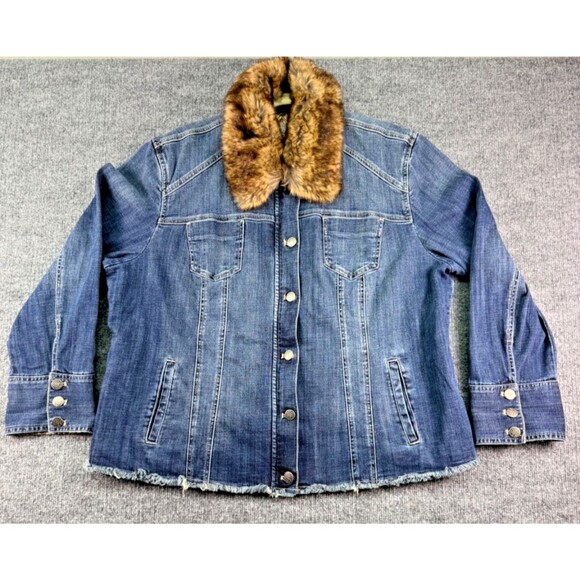 Chico's Jackets & Blazers - Chico's Removable Fur Collar Denim Jacket Women's Size 4 20/22 Raw Hem Lined